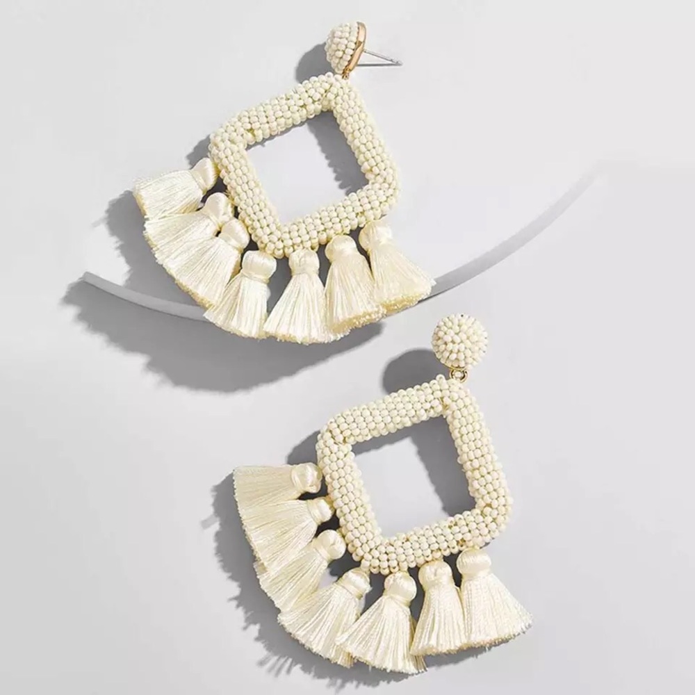 Lolita Off White Beaded Tassel Statement Earrings - Picture 3 of 3